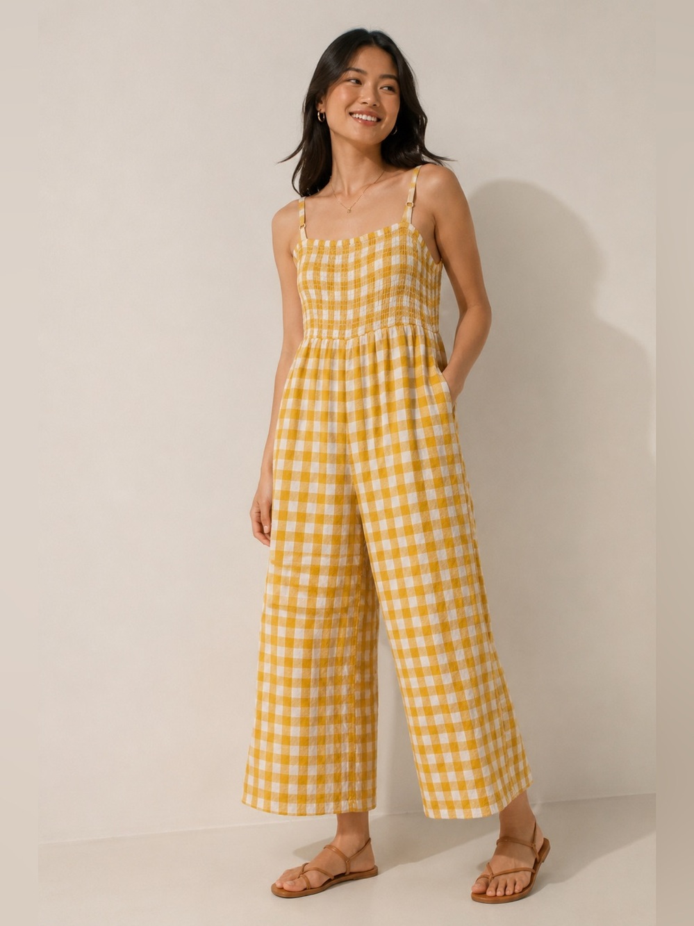 Old Navy Yellow Gingham Smocked Wide-Leg Jumpsuit – XS